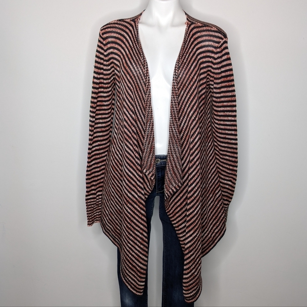 Volcom Red White Black Striped Cotton Open Cardigan Sweater L